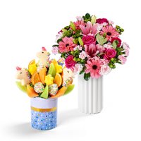 Unicorn Fruit Bouquet and Flowers Gift Bundle